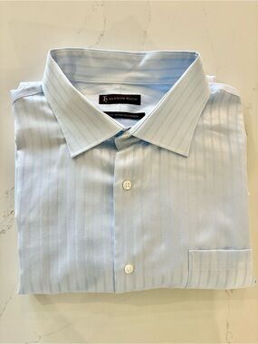 Hudson Room 80's 2 ply Blue Shirt Stripes/Herringbone cufflinks holes 17 1/2 35